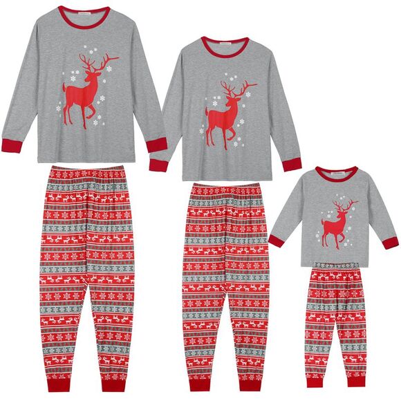 Child's Christmas Elk Print Long Sleeve Tee with Pants Pajama Sets Red - Picture 2 of 4